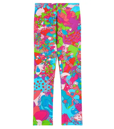 Versace Kids' Flowers Print Cotton Jersey Leggings In Blue