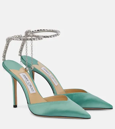 Jimmy Choo Saeda 100 Embellished Satin Pumps In Smoke Green/crystal