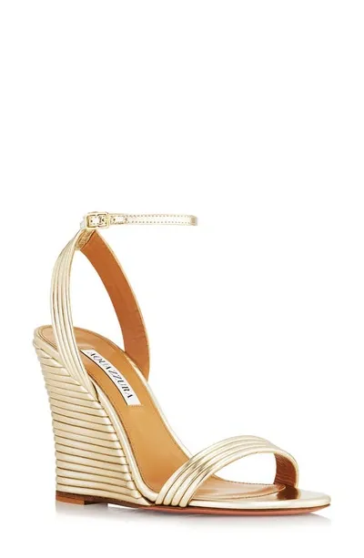 Aquazzura Wow 95 Wedge Sandal In Light Gold