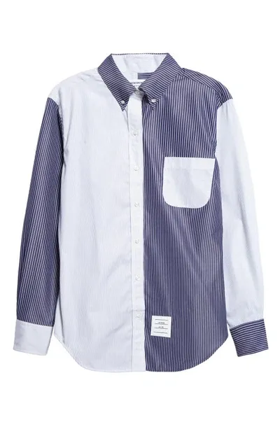 Thom Browne Fun-mix Stripe Poplin Button-down Shirt In Navy