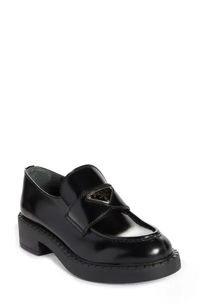 Prada Triangle Logo Patent Leather Loafer In Black