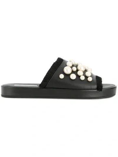 Tosca Blu Pearl Embellished Slides In Black