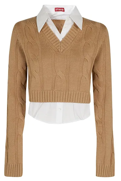 Staud Duke Layered Look Cropped Sweater In Camel/white