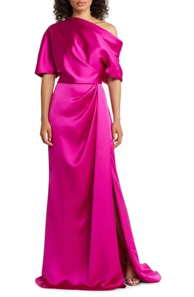 Amsale Gathered One-shoulder Satin Gown In Fuchsia