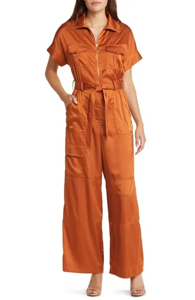 Hutch Kerrigan Satin Utility Jumpsuit In Brown