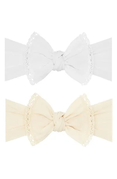 Baby Bling Kids' 2-pack Pom Trimmed Bow Headbands In White Lace Oatmeal Lace