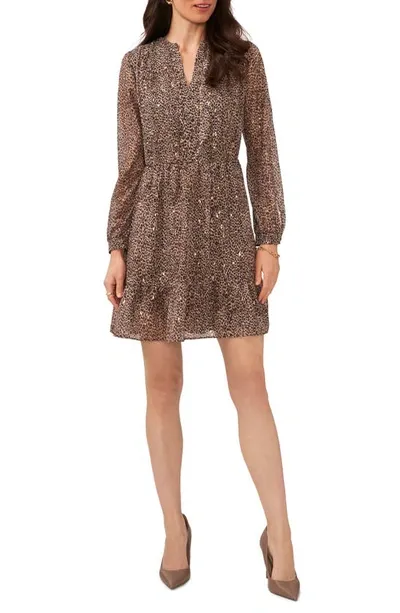 Vince Camuto Leopard Print Long Sleeve Chiffon Minidress In Fox Trot