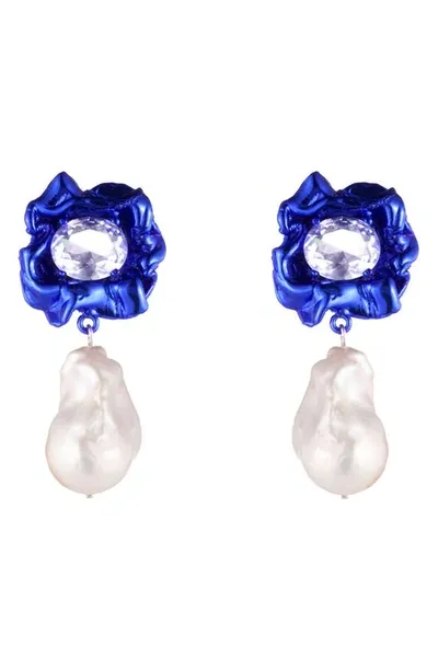 Sterling King Lola Floral Baroque Pearl Drop Earrings In Cobalt