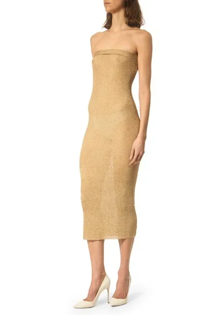 Interior Cage Metallic Strapless Body-con Midi Dress In Soft Gold