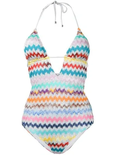 Missoni Zig-zag Plunge Swimsuit In Metallic