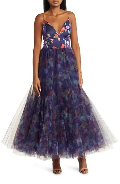 Hutch Lucia A-line Gown In Navy Whimsy Watercolor Floral