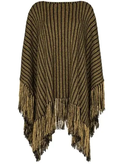 Saint Laurent Metallic-striped Oversized Poncho With Fringe Hem In Black