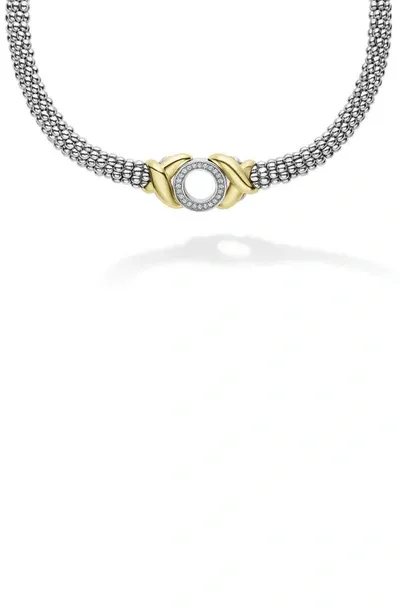 Lagos 18k Yellow Gold & Sterling Silver Embrace Diamond Xo Beaded Collar Necklace, 15 In Silver/gold