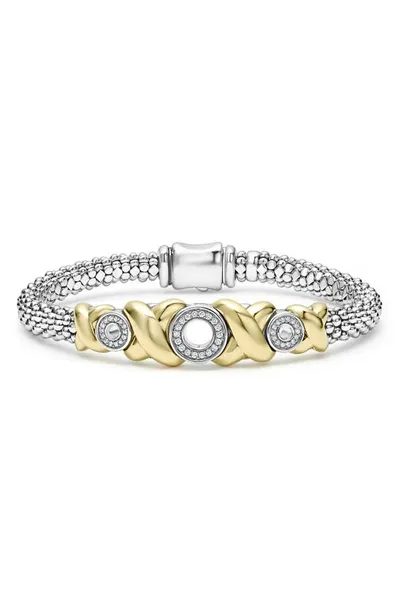 Lagos 18k Yellow Gold & Sterling Silver Embrace Diamond Xo Caviar Bead Bracelet In Silver/gold