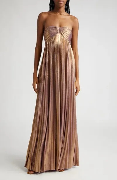 Retroféte Lyanna Metallic Pleated Strapless Gown In Purple Gold