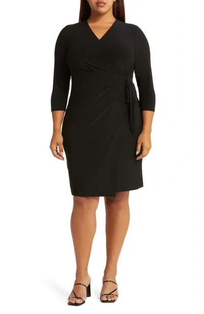 Anne Klein Long Sleeve Solid Faux Wrap Dress In Anne Black