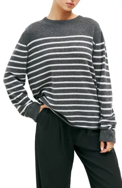 Reformation Cashmere Boyfriend Sweater In Charcoal With Ivory Stripe