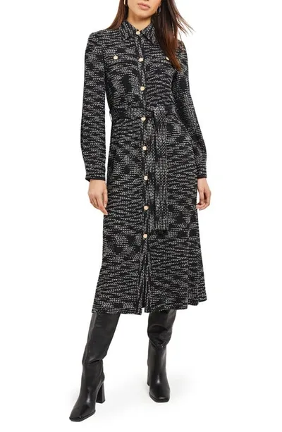 Misook Long Sleeve Tie Belt Tweed Shirtdress In Black New Ivory