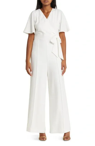 Kiyonna Karina Crepe Faux Wrap Jumpsuit In Ivory