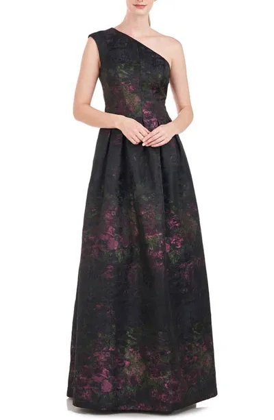 Kay Unger Cara One-shoulder Gown In Dark Midnight Multi