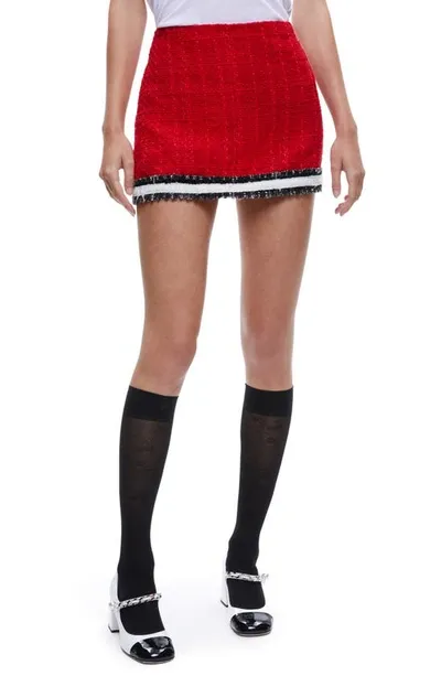 Alice And Olivia Rubi Frayed Tweed Miniskirt In Perfect Ruby Black White