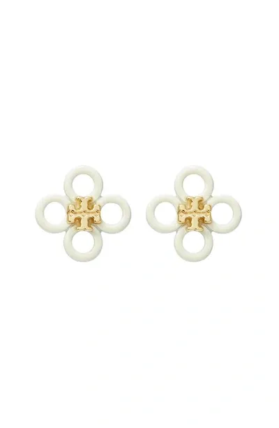 Tory Burch Small Kira Enamel Clover Stud Earrings In Tory Gold New Ivory