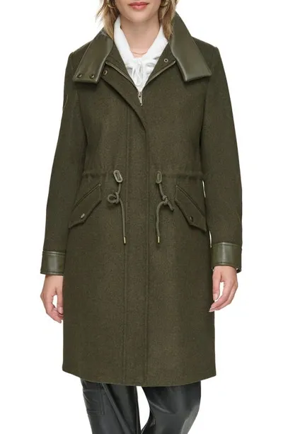 Andrew Marc Feather Leather Trim Wool Blend Coat In Artichoke