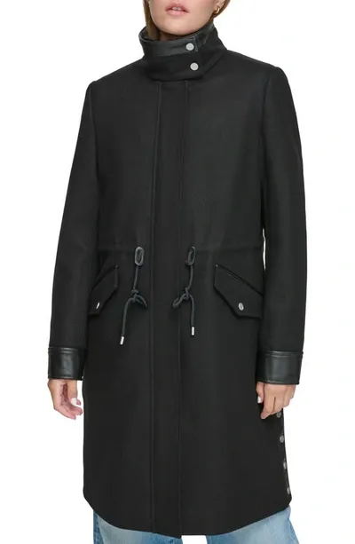 Andrew Marc Feather Leather Trim Wool Blend Coat In Black