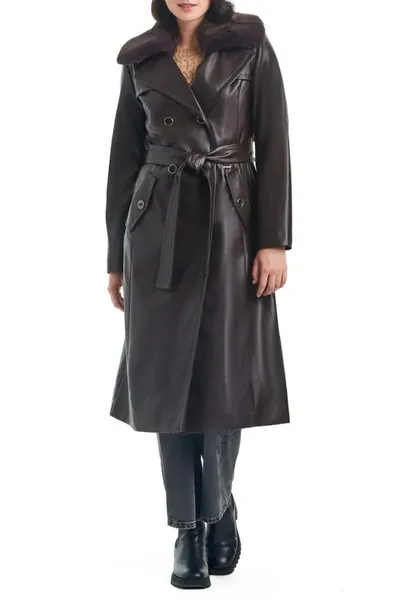 Vince Camuto Faux Leather Trench Coat With Removable Faux Fur Collar In Espresso