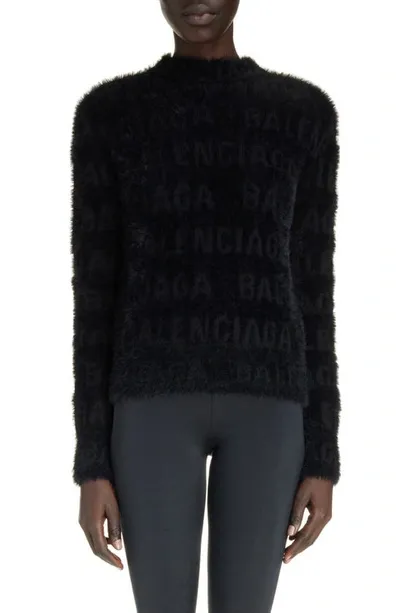 Balenciaga Fitted Furry Logo Jacquard Wool Blend Sweater In Black