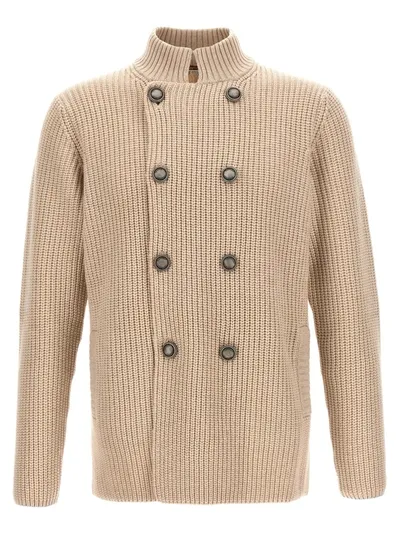 Brunello Cucinelli Ribbed Stand Collar Cardigan With Front Pockets In Beige