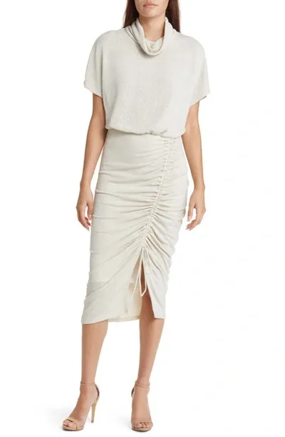 Black Halo Iliana Ruched Skirt Cowl Neck Midi Dress In Sparkling Champagne