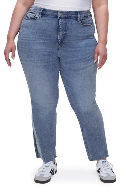 Good American Good Curve Pieced Raw Hem High Waist Ankle Straight Leg Jeans In Indigo494