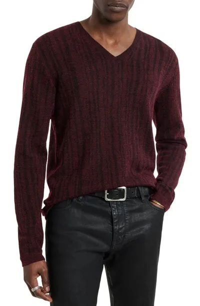 John Varvatos Bandera Rib Wool Blend V-neck Sweater In Merlot