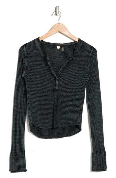 Free People Colt Long Sleeve Waffle Knit Henley In Black