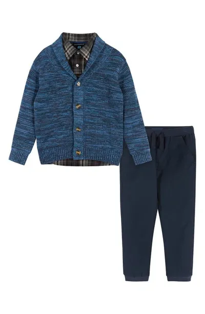 Andy & Evan Kids' Marled Cardigan, Plaid Button-up Shirt & Pants Set In Marled Blue