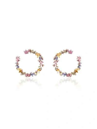 Suzanne Kalan 18k Rose Gold Rainbow Firework Sapphire Diamond Hoop Earrings