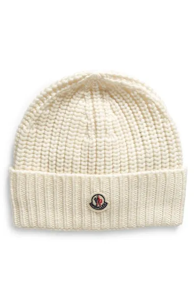 Moncler Logo Patch Virgin Wool Beanie In White