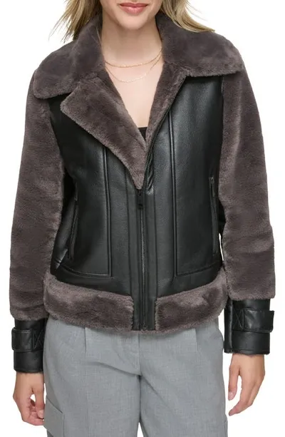 Andrew Marc Faux Fur Trim Faux Leather Aviator Jacket In Brown