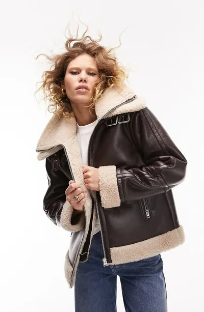 Topshop Oversize Faux Leather Aviator Jacket With Faux Shearling Trim In Brown