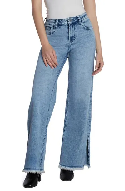 Hint Of Blu Frayed Split Hem Mid Rise Wide Leg Jeans In Split Blue