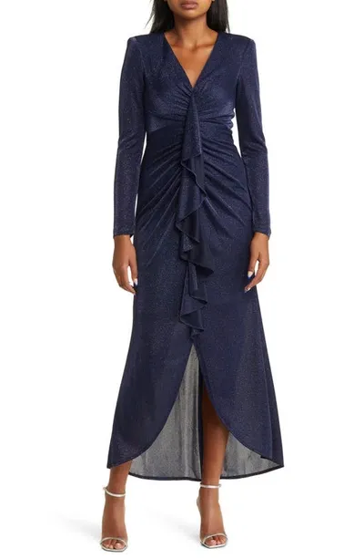 Vince Camuto Metallic Long Sleeve High-low Gown In Navy