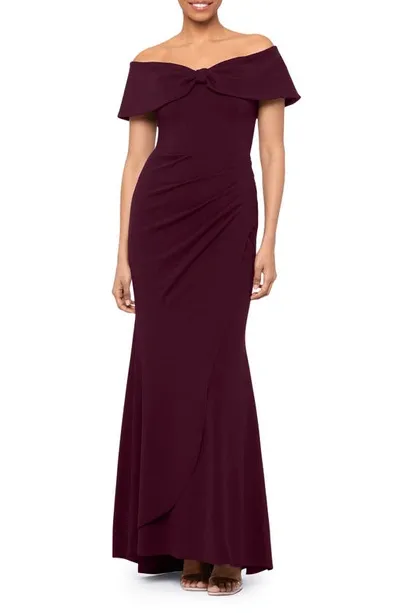 Xscape Off The Shoulder Scuba Gown In Bordeaux