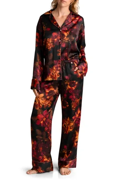 Midnight Bakery Dylan Floral Print Satin Pajamas In Black