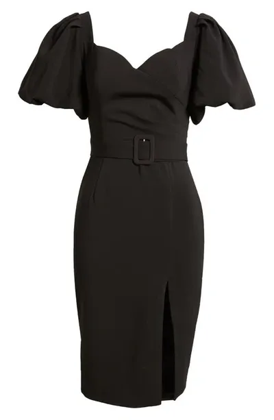 Nikki Lund Bonnie Puff Sleeve Belted Sheath Dress In Black