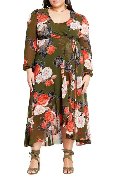 City Chic Sadie Floral Print Long Sleeve Wrap Dress In Army Green Gardenia