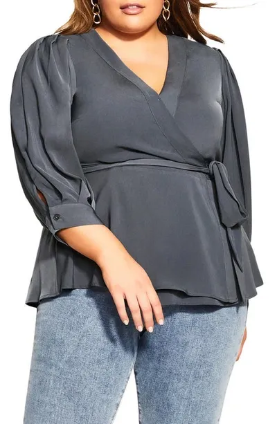 City Chic Sultry Wrap Top In Slate