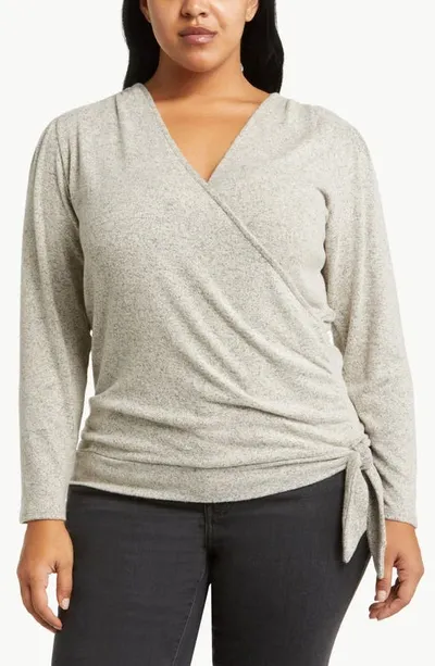 Loveappella Wrap Front Side Tie Knit Top In Oatmeal