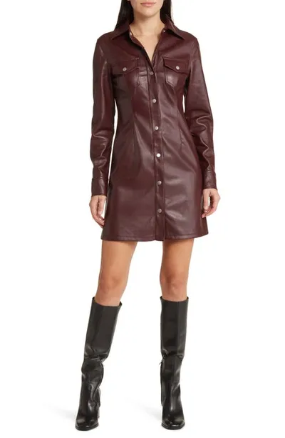 Avec Les Filles Long Sleeve Faux Leather Mini Shirtdress In Raisin