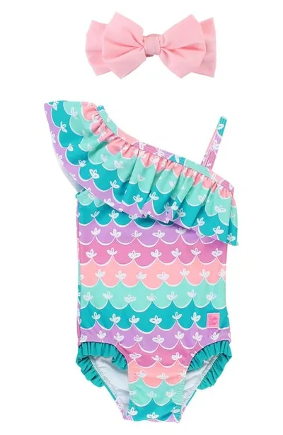 Rufflebutts Babies'  Mermaid One-shoulder One-piece Swimsuit & Headband Set In Blue